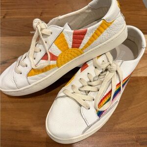 Soludos White Leather Sneakers with Colorful Rainbow and Sunshine LP L Design